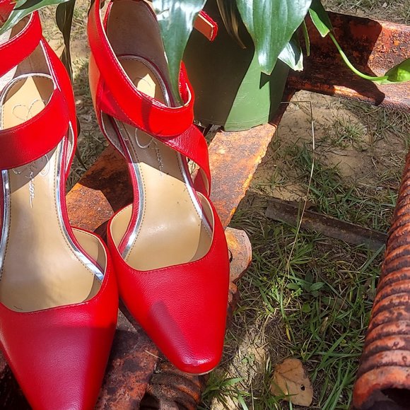 Jessica Simpson Pointed Toe Heels. Velcro Ankle Strap. Red. 7.5 - Picture 7 of 7